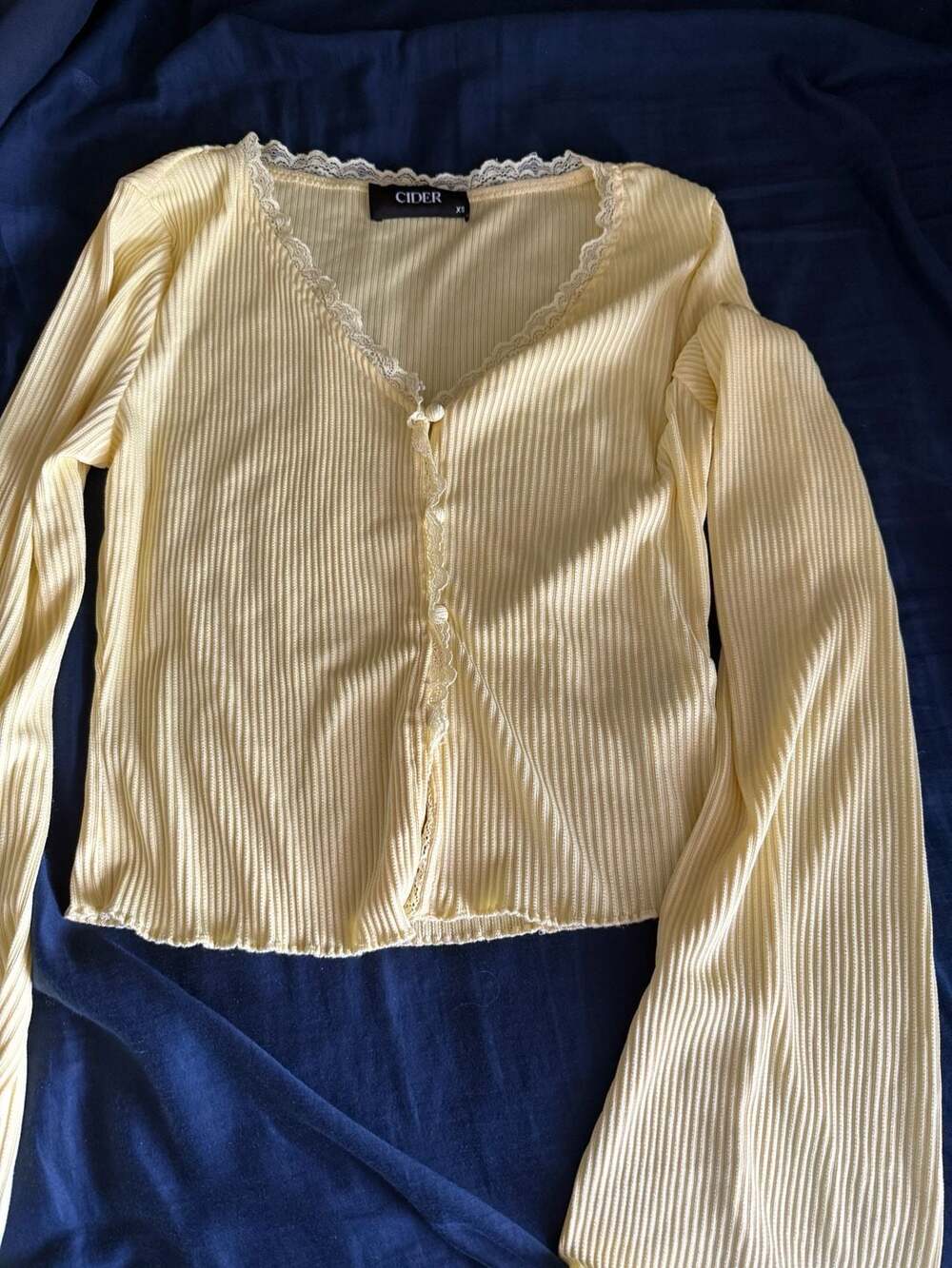 Cider Yellow Ribbed Knit Long Sleeve Top with Lace Trim and Button Front Size XS